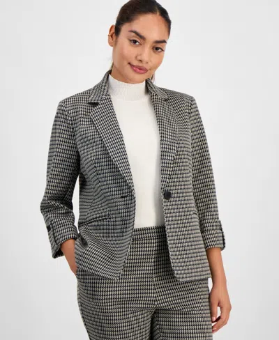 Ak Anne Klein Petite Houndstooth-print Roll-tab Blazer In Gray