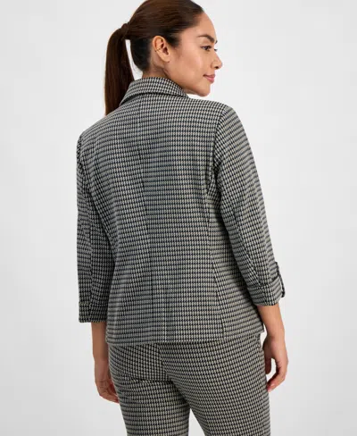 Ak Anne Klein Petite Houndstooth-print Roll-tab Blazer In Gray