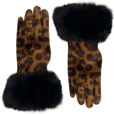 Marcus Adler Cheetah Print Velvet Gloves With Faux Fur Trim In Brown