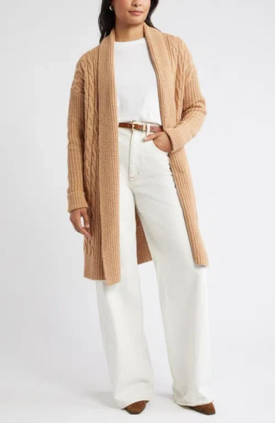 Caslonr Caslon(r) Cable Longline Open Front Cardigan In Brown