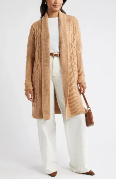 Caslonr Caslon(r) Cable Longline Open Front Cardigan In Brown