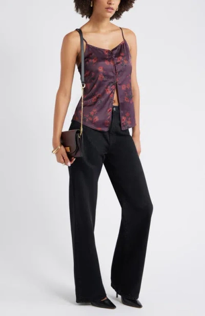 Open Edit Split Front Satin Button-up Camisole In Blue