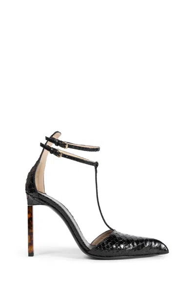 Tom Ford Python Stamped Leather Double Ankle Strap Pumps In Black