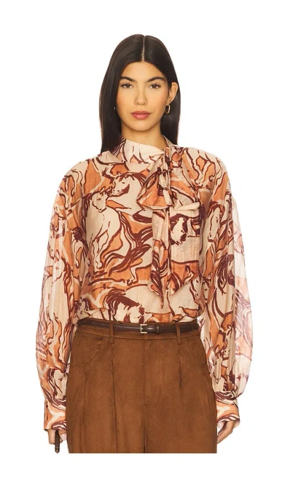 Steve Madden Sutton Equestrian Print Tie Neck Top In Burgundy