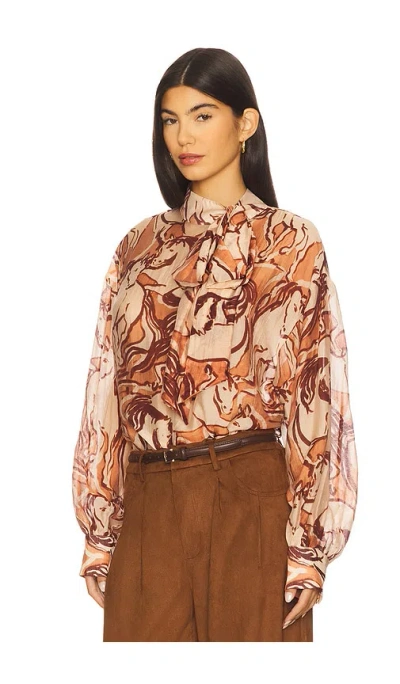 Steve Madden Sutton Equestrian Print Tie Neck Top In Burgundy