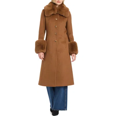 Vince Camuto Single Breasted Coat With Removable Faux Fur Collar & Cuffs In Brown