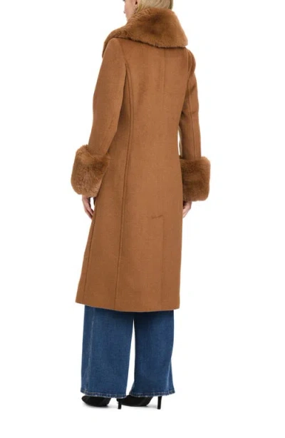 Vince Camuto Single Breasted Coat With Removable Faux Fur Collar & Cuffs In Brown