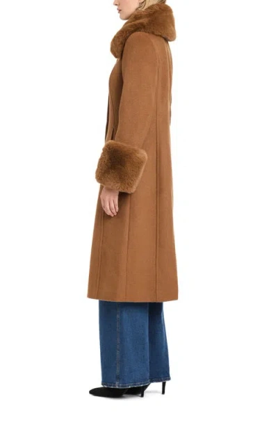 Vince Camuto Single Breasted Coat With Removable Faux Fur Collar & Cuffs In Brown