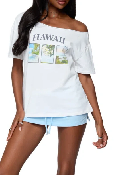 Edikted Hawaiian Babe Off The Shoulder Cotton Graphic T-shirt In Brown