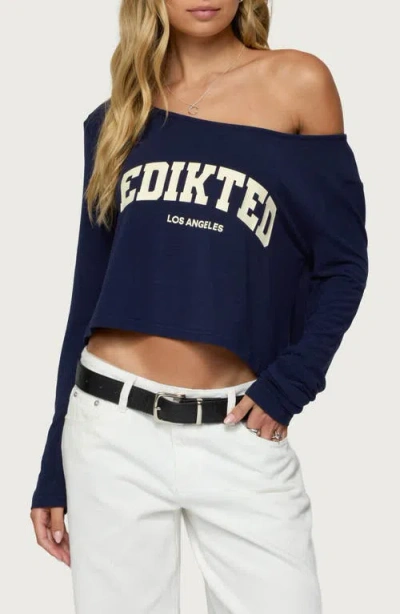 Edikted La Babe Off The Shoulder Crop Graphic T-shirt In Blue