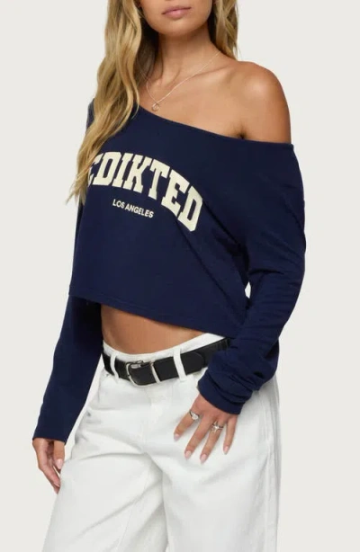 Edikted La Babe Off The Shoulder Crop Graphic T-shirt In Blue