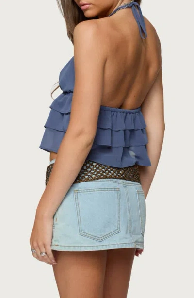Edikted Zephi Tiered Ruffle Halter Top In Blue