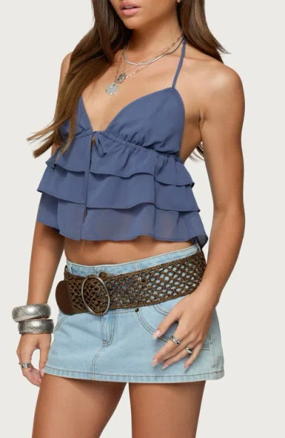 Edikted Zephi Tiered Ruffle Halter Top In Blue