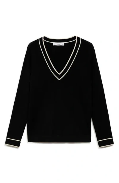 Mango Contrast V-neck Sweater In Black