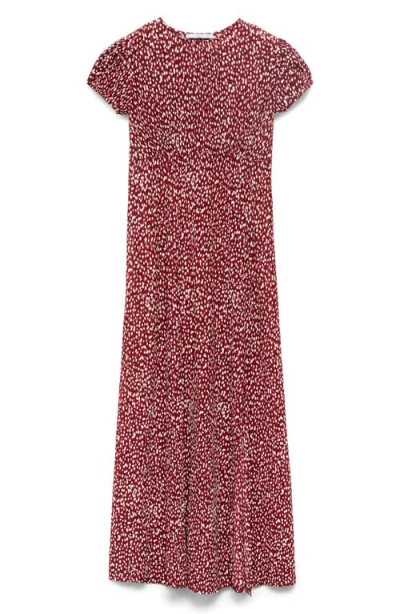 Mango Floral Puff Sleeve Pleated Maxi Dress In Burgundy