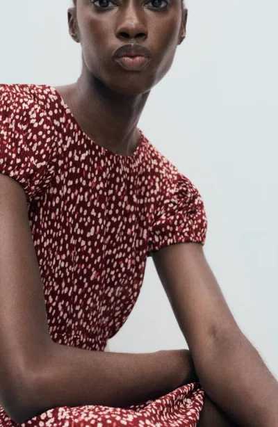 Mango Floral Puff Sleeve Pleated Maxi Dress In Burgundy