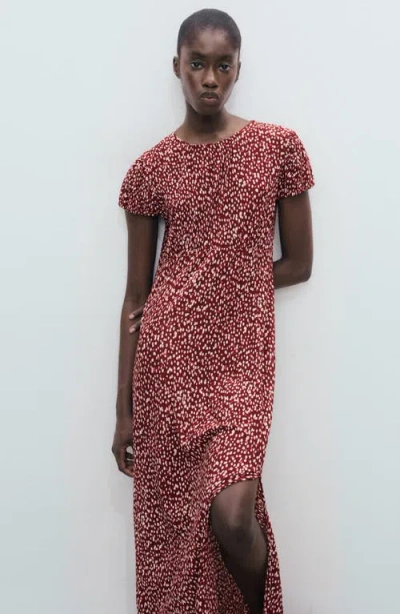 Mango Floral Puff Sleeve Pleated Maxi Dress In Burgundy