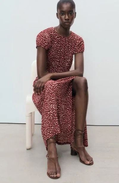 Mango Floral Puff Sleeve Pleated Maxi Dress In Burgundy