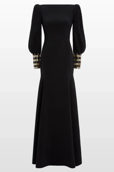 Jenny Packham Francolin Embellished-cuffs Puff-sleeve Maxi Dress In Black