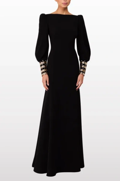 Jenny Packham Francolin Embellished-cuffs Puff-sleeve Maxi Dress In Black