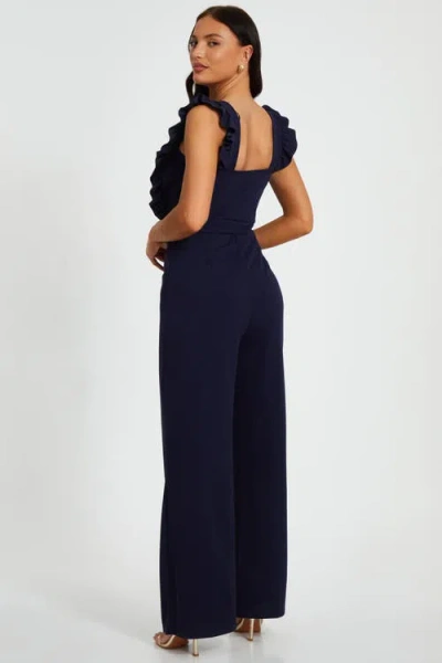 Quiz Scuba Crepe Chain Front Frill Jumpsuit In Blue