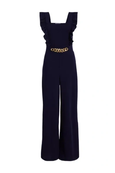 Quiz Scuba Crepe Chain Front Frill Jumpsuit In Blue
