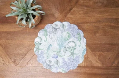 C & F Home C&f Home Shoreline Waters Scalloped Round Placemats Set Of 6 Nautical Design Coral, 17" In Blue