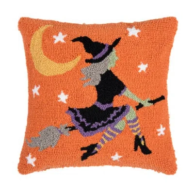 C & F Home C&f Home Flying Witch On Broom Moonlight Halloween Hooked Accent Throw Pillow 16" X 16" In Orange