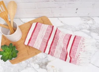 Carol & Frank Benn Ruby Tassel Christmas Embroidered Cotton Waffle Weave Dishtowel In Red