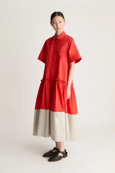 Lee Mathews Charlotte Pintuck Spliced Midi Dress In Red