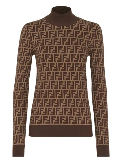 Fendi Ff Jacquard Turtleneck Sweater In Brown
