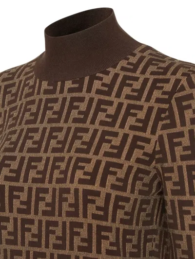 Fendi Ff Jacquard Turtleneck Sweater In Brown