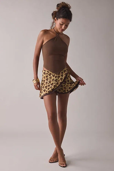 Kimchi Blue Lovers Lane Lace Trim Wrap Mini Skort In Brown, Women's At Urban Outfitters In Brown