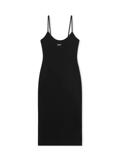 Off-white Ribbed Stretch Mini Dress With Scoop Neckline In Black