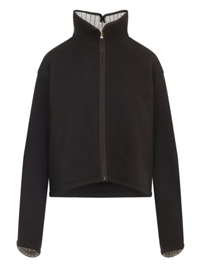 Carven Black Wool Jacket With High Stand Collar And Front Zipper Closure In Animal Print