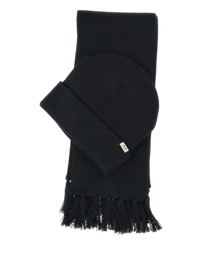 Sun 68 Micro-ribbed Beanie And Scarf Set In Black