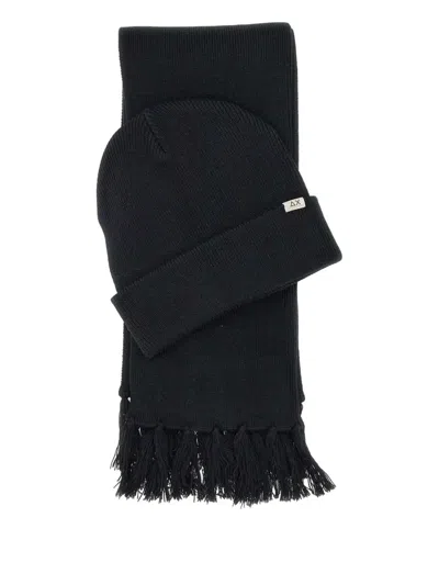 Sun 68 Micro-ribbed Beanie And Scarf Set In Black