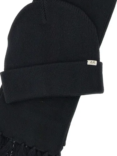 Sun 68 Micro-ribbed Beanie And Scarf Set In Black