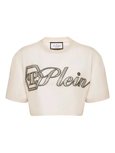 Philipp Plein Crystal Signature Cropped T-shirt In White