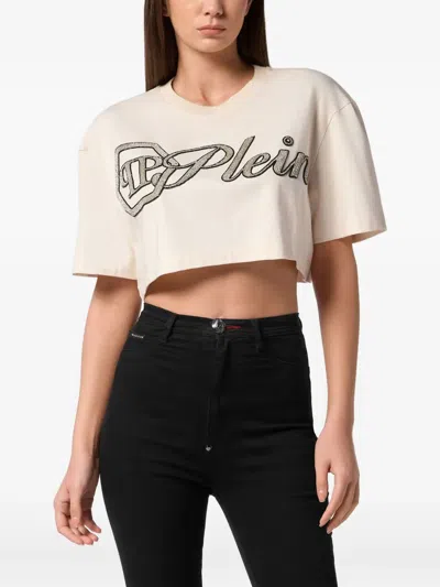 Philipp Plein Crystal Signature Cropped T-shirt In White