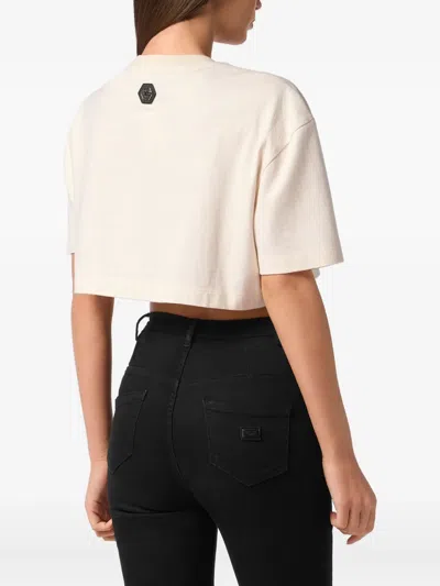 Philipp Plein Crystal Signature Cropped T-shirt In White