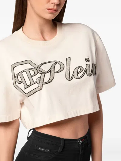 Philipp Plein Crystal Signature Cropped T-shirt In White
