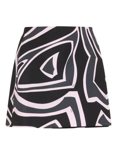Pucci Wrap Mini Skirt In Silk Twill With Marmo Print In Black