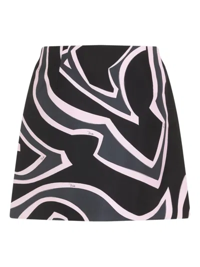 Pucci Wrap Mini Skirt In Silk Twill With Marmo Print In Black