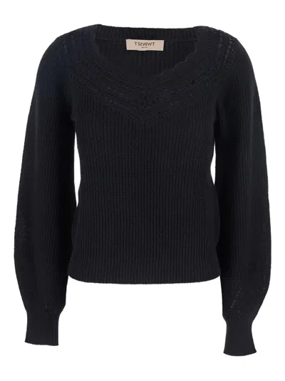 Twinset Black Sweater With Embroidered Collar And Elastic Cuffs In Wool And Cotton Woman In Black