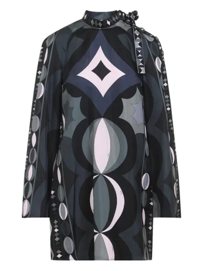 Pucci Geometric Pattern Long Sleeve High Neck Dress In Black