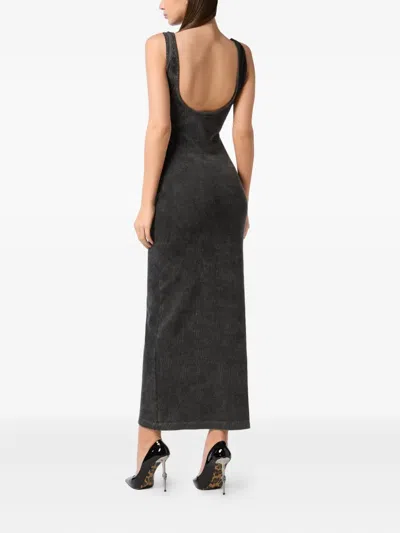 Philipp Plein Rib Long Tank Dress Stones Wash Hexagon In Gray