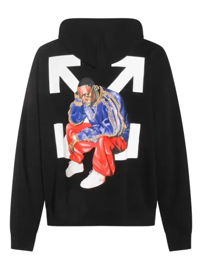 Off-white Logo Printed Drawstring Hoodie In Blue