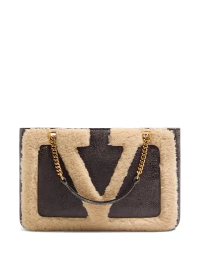 Valentino Small Viva Superstar Shearling Tote Bag In Brown