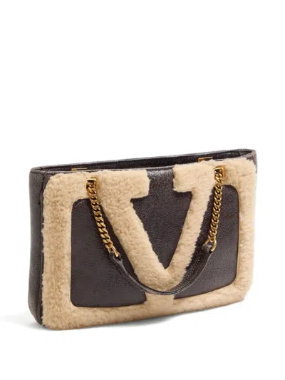 Valentino Small Viva Superstar Shearling Tote Bag In Brown